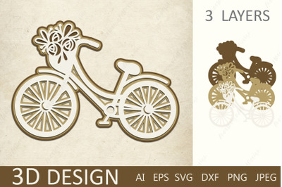 3d layered bike with flower, Floral bicycle paper cut svg