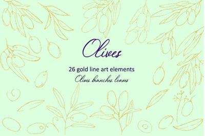 Collection olive branches gold line art  elements