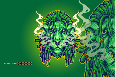 Dreadlock Head Lion Mascot with Cannabis Smoke Illustrations