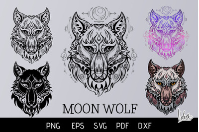 Set of Moon wolves heads with tribal decoration