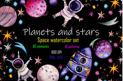 Planets and stars. Space watercolor set