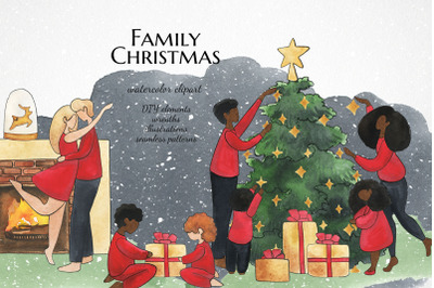 Watercolor christmas clipart, Cartoon black family clip art