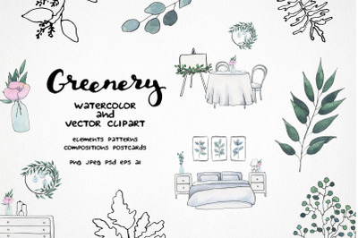 watercolor greenery clipart, eucalyptus, greenery wedding clipart
