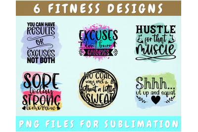 Fitness Sublimation Designs Bundle, 6 Fitness Quotes PNG Files