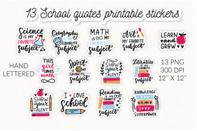 School subjects stickers. School quotes stickers set. Back to school