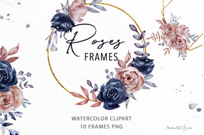 Watercolor Dark Blue roses frame clipart