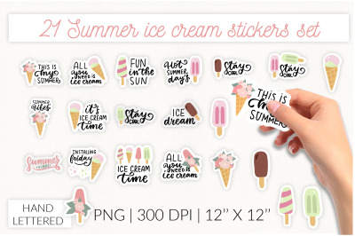 Ice cream stickers set. Summer sticker pack. Ice cream flowers
