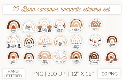 Boho rainbow stickers. Romantic love sticker pack