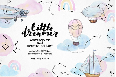 watercolor nursery clipart, airplane, hot air balloon, ship, airship