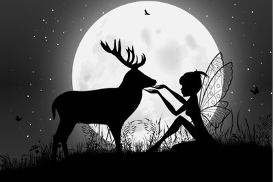 cute deer and fairy silhouette