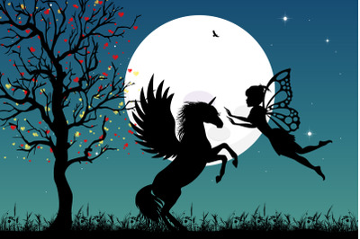 cute fairy and unicorn silhouette