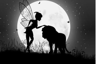cute fairy and lion silhouette