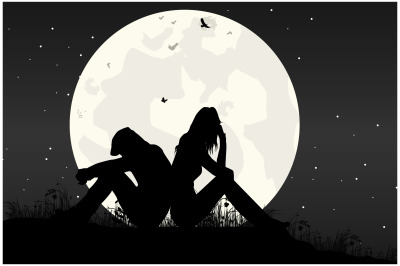 cute couple and moon silhouette