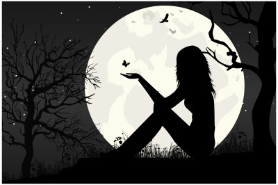 cute girl and moon silhouette