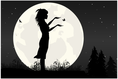 cute girl and moon silhouette