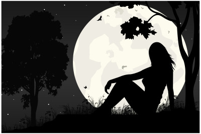 cute girl and moon silhouette