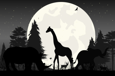 cute animal and moon silhouette