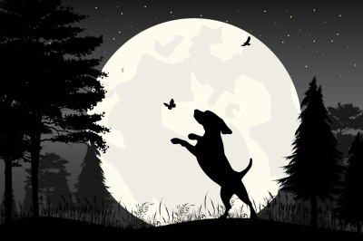 cute dog and moon silhouette