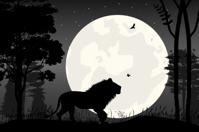 cute lion and moon silhouette