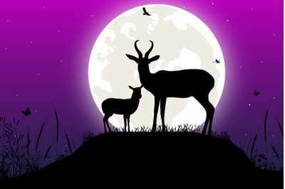 cute antelope and moon silhouette