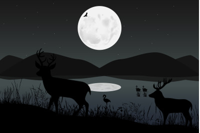 cute deer and moon silhouette