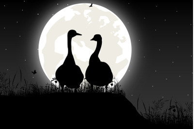 cute goose and moon silhouette