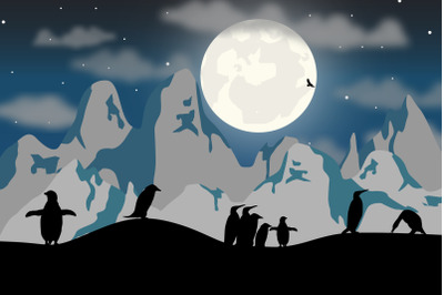 cute penguin and moon silhouette