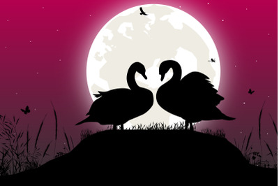 cute swans and moon silhouette