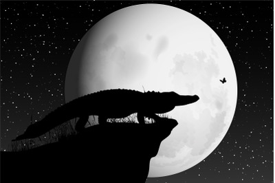 cute crocodile and moon silhouette