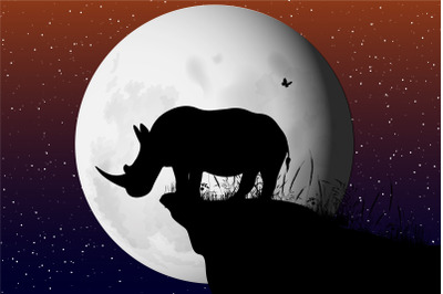 cute rhino  and moon silhouette