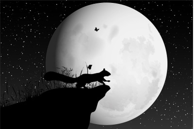 cute squirrel  and moon silhouette
