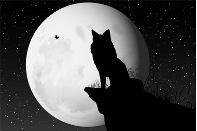 cute wolf and moon silhouette