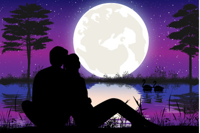 cute couple  and moon silhouette