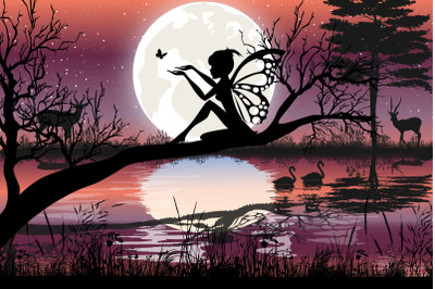 cute fairy  and moon silhouette