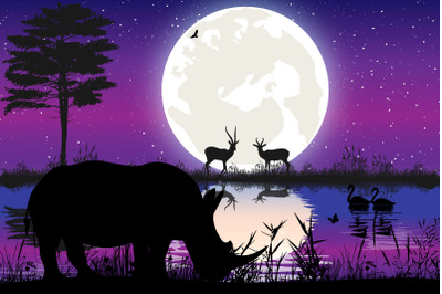 cute rhino and moon silhouette