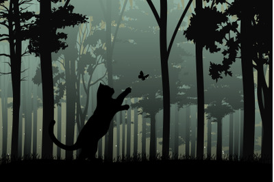 cute cat in jungle silhouette