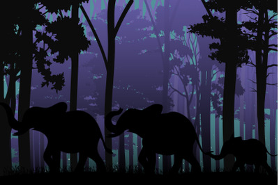 cute elephant in jungle silhouette