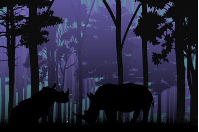 cute rhino in jungle silhouette