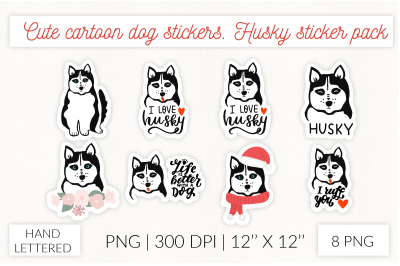 Cute cartoon dog sticker set. Husky sticker pack