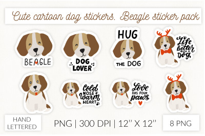 Cute cartoon dog sticker set. Beagle sticker pack