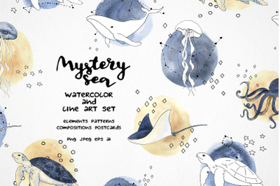 mystery creatures watercolor clipart, celestial sea clip art