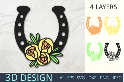 3d layered horseshoe with flowers, Paper cut horseshoe svg