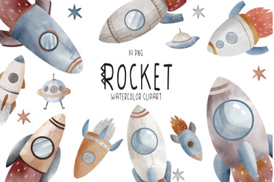 Watercolor space rocket clipart PNG