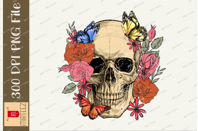 Boho Vintage Skull With Flower PNG