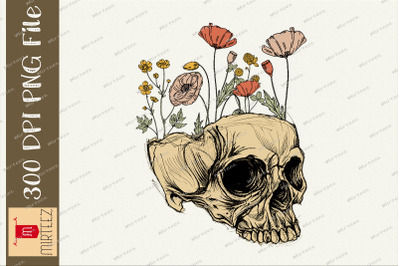 Boho Vintage Skull Wildflower PNG