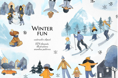 winter family clipart, watercolor mountain landscape clip art