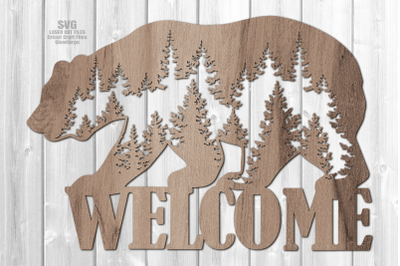 Bear Welcome Sign SVG Laser Cut Files | Forest Silhouette SVG