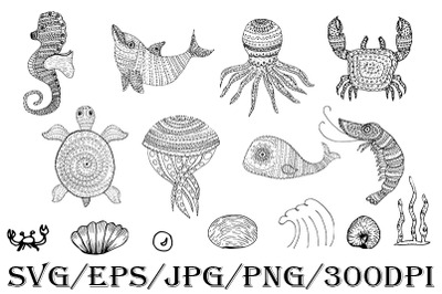 Sea animals, t-shirt design, doodles, svg, underwater, set