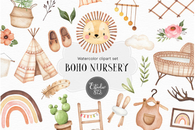 Boho Nursery Clipart watercolor Digital Download, Boho Decor