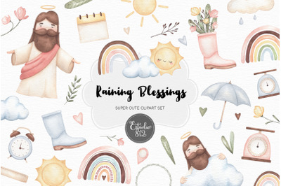Raining Blessings Clipart, Rainbow Sunshine Watercolor Digital Clipart